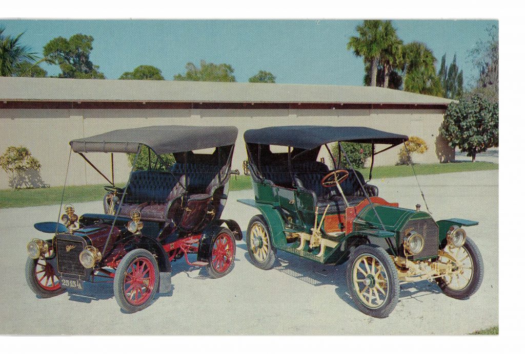 Chrome postcard. Horn’s Cars of Yesterday, Sarasota, Florida. Two early