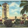 Linen postcard.  St Patrick's Catholic Church and Campanile, Miami Beach, Florida.