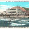 White border postcard.  Auditorium and Convention Center, Atlantic City, New Jersey. Ocean, beach,  1938.