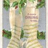 Old postcard.  A Happy Christmas to you.  Stockings, holly.  1908.  Embossed.