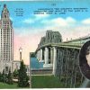 Linen postcard.  Louisiana's two greatest monuments, conceived and built by the late US Senator Huey P Long.  State Capitol, Baton Rouge, Huey P Long Bridge, New Orleans.  1946.