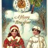 Old postcard. A Happy New Year.  1911.  Embossed, gold trim, man, woman, moon, clock, shamrock.