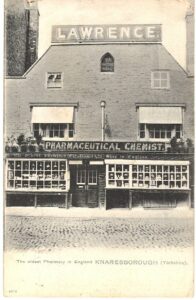 Old postcard. Lawrence Pharmaceutical Chemist, oldest Pharmacy in England. Knaresborough, Yorkshire, UK. 1910.