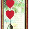 Old postcard.  ValentinesDay.  Broken heart, bell, rope border, embossed, poem.