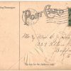 Old postcard.  St Patrick's Day Greetings.  Harp, flag, shamrocks, hat.  1908, embossed. - Image 2