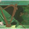 Old postcard.  St Patrick's Day Greetings.  Harp, flag, shamrocks, hat.  1908, embossed.