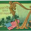 Old postcard.  St Patrick's Day Greetings.  Wishing you luck.  Embossed, harp, flag, shamrocks, horseshoe.