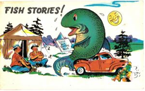 Chrome postcard. Fish Stories.  Little Red Herring Hood.  Giant fish sitting on car.  Men, tent, sun.  Greetings from Pillager, Minnesota.