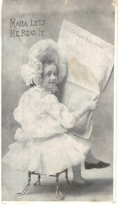 Old postcard. Mama let's me read it. The Topeka Daily Capital. Girl reading newspaper. Undivided back.