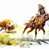 Chrome Postcard.  Busting a Steer, painting by Charles M Russell, Cowboy Artist, 1952. Signed.