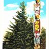 White border postcard.  Raven Totem, Wrangell, Alaska.  Totem Pole. Thlinget Legend of Creation.  Bear Totem Store, Walter Waters.