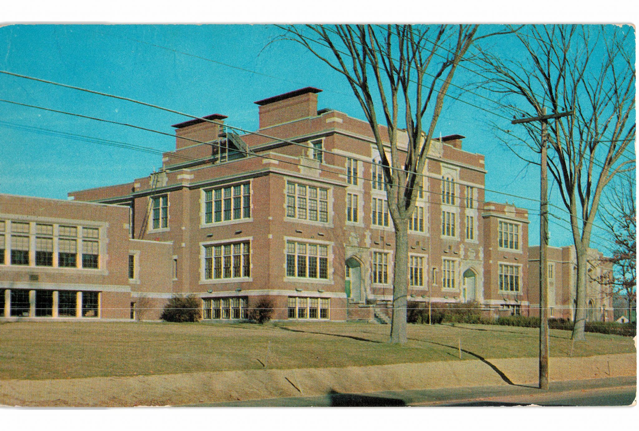 Chrome postcard. Waterville High School, Waterville, Maine. Jackie's