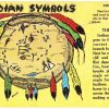 Linen postcard.  Indian Symbols.  Indian arrow maker story  feathers, canoe.  1946.  Signed by Wilkes.