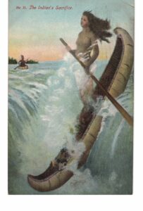 Old Postcard.  The Indian's Sacrifice.  Indian woman, canoe, rapids. Niagara Falls, New York.  1907, Undivided back.