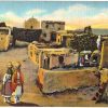 Linen postcard.  Plaza and Old Church, Laguna Indian Pueblo. Between Albuquerque and Gallup, New Mexico. Women carrying pottery jugs on their heads.