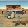 Linen postcard.  Typical Pueblo Indian Dwelling, New Mexico and Arizona. Meat drying from roof, bake oven, cowhide and sheep skin.