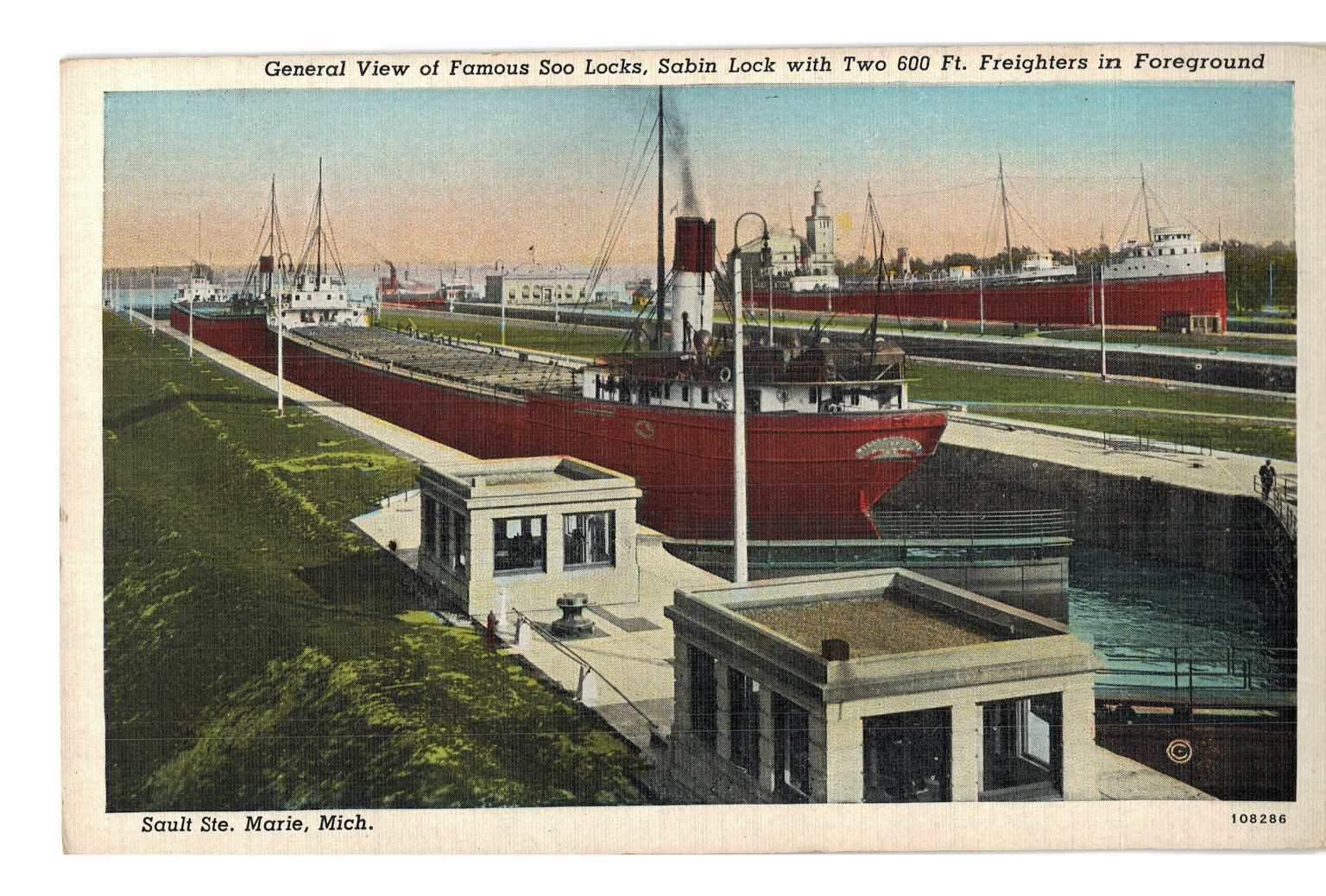 White border postcard. General view of Soo Locks, Sabin Lock with two ...