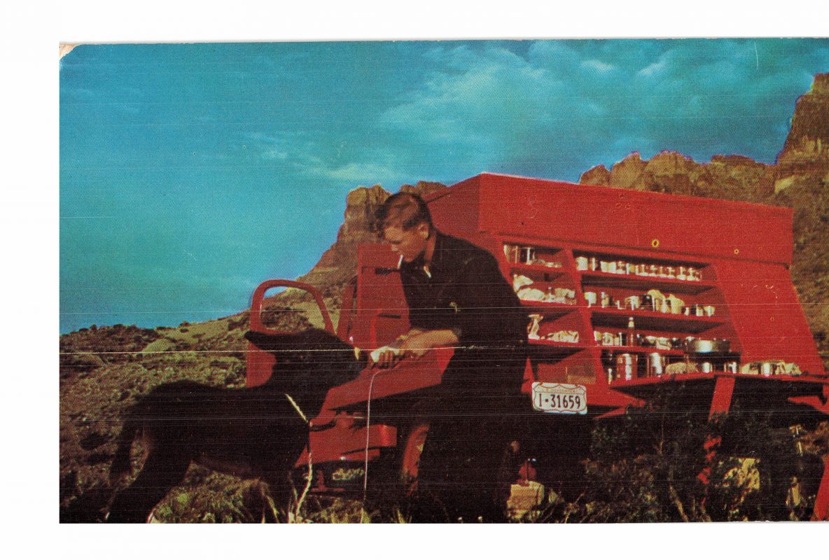 Chrome postcard. Chuck Wagon lunch time on the Range. Man feeding burro ...