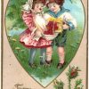 Old postcard.  To My Valentine.  Girl, boy, heart, basket of cherries, embossed, 1907.