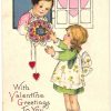 Old postcard.  With Valentine's Greetings to You.  Boy, girl, hearts, flowers, embossed.