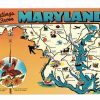 Chrome postcard.  Greetings from Maryland.  Map, Baltimore Oriole, State Bird, Black eyed Susan, State Flower.