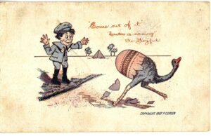 Old postcard. Come out of it. Easter is coming, be joyful. Chick coming out of egg. 1907 by P Cordon.