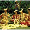 Chrome postcard. Flower leis. Women making leis, Hawaii. 1955.