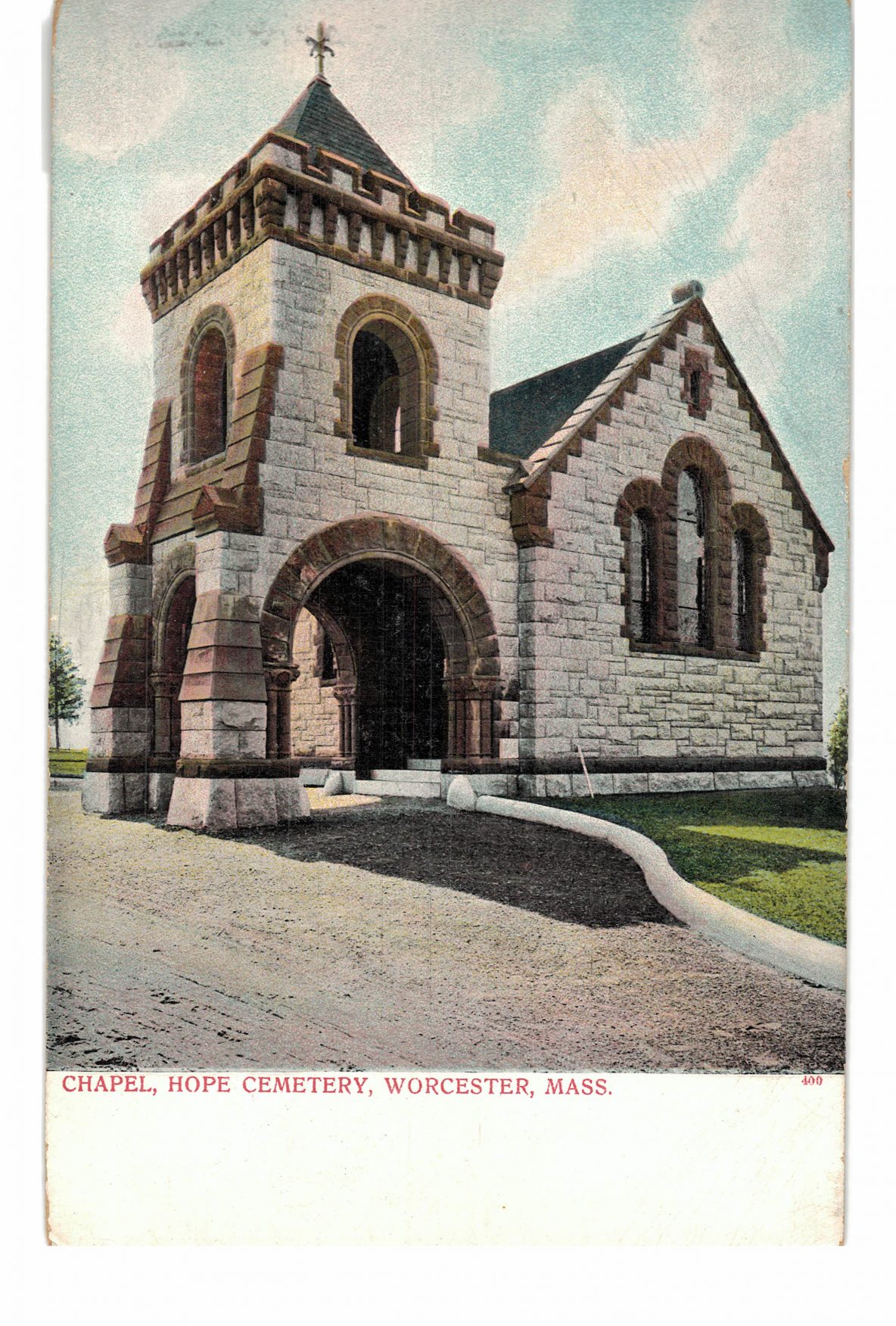 Old postcard. Chapel, Hope Cemetery, Worcester, Massachusetts