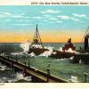 White border postcard.  Ore Boat leaving Duluth-Superior Harbor in a Northeaster, Minnesota.