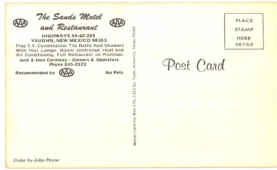 Chrome postcard. The Sands Motel and Restaurant, Vaughn, New Mexico. Jack & Jean Cormany, Owners & Operators. - Image 2