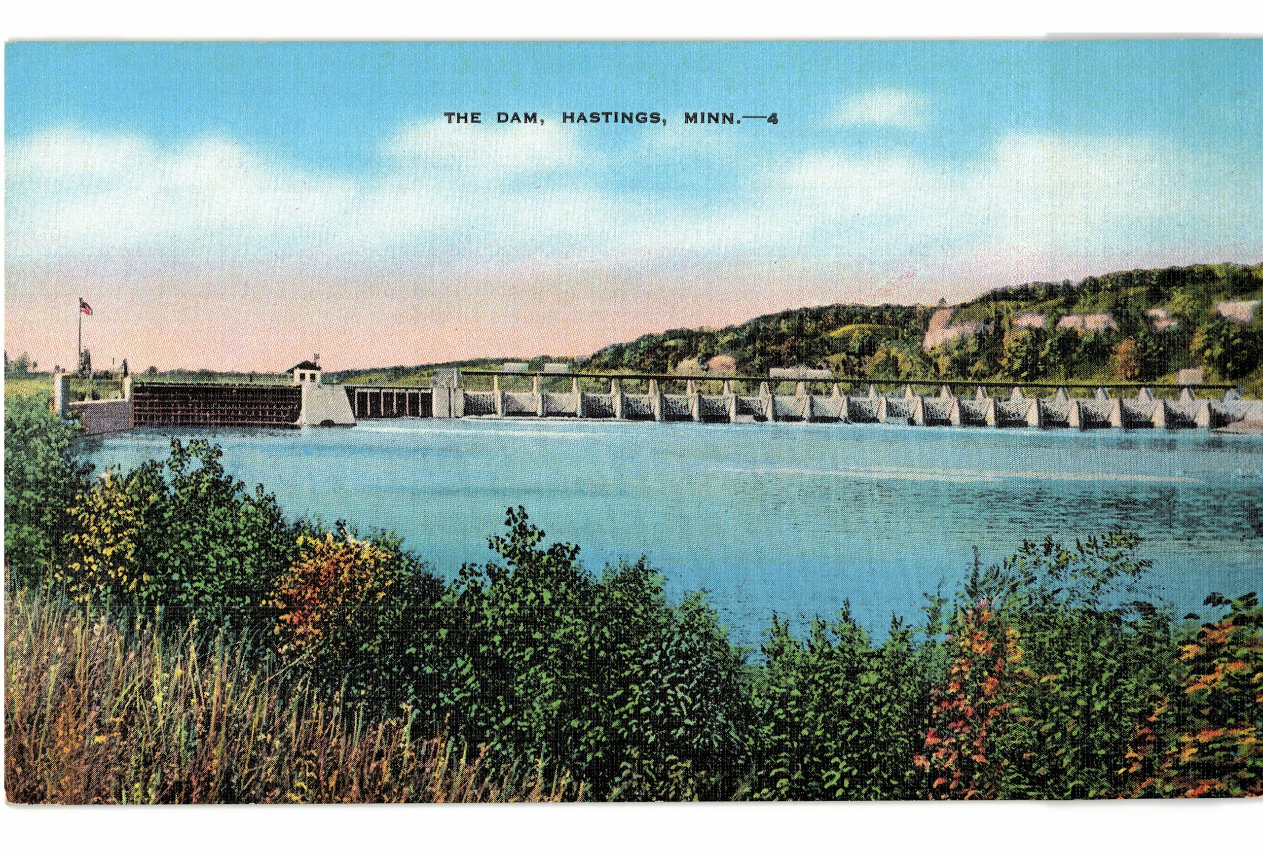 Linen postcard. The Dam, Hastings, Minnesota.