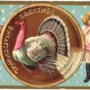 Old postcard. Thanksgiving Greetings.  Boy, girl, turkey, pie, embossed.