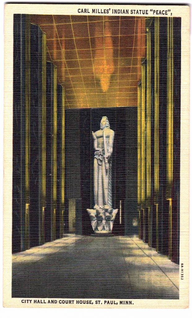Linen postcard. Carl Milles’ Indian Statue, Peace, City Hall and Court