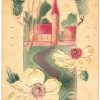 Old postcard.  A Merry Christmas.  Church, holly, flowers, embossed.