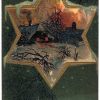 Old postcard.  A Merry Christmas.  6 pointed star, embossed, moon, house, snow, pine branch.