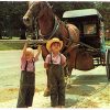 Chrome postcard. Greetings from the Amish Country. Amish children waiting for their father. Horse and buggy. Pennsylvania.