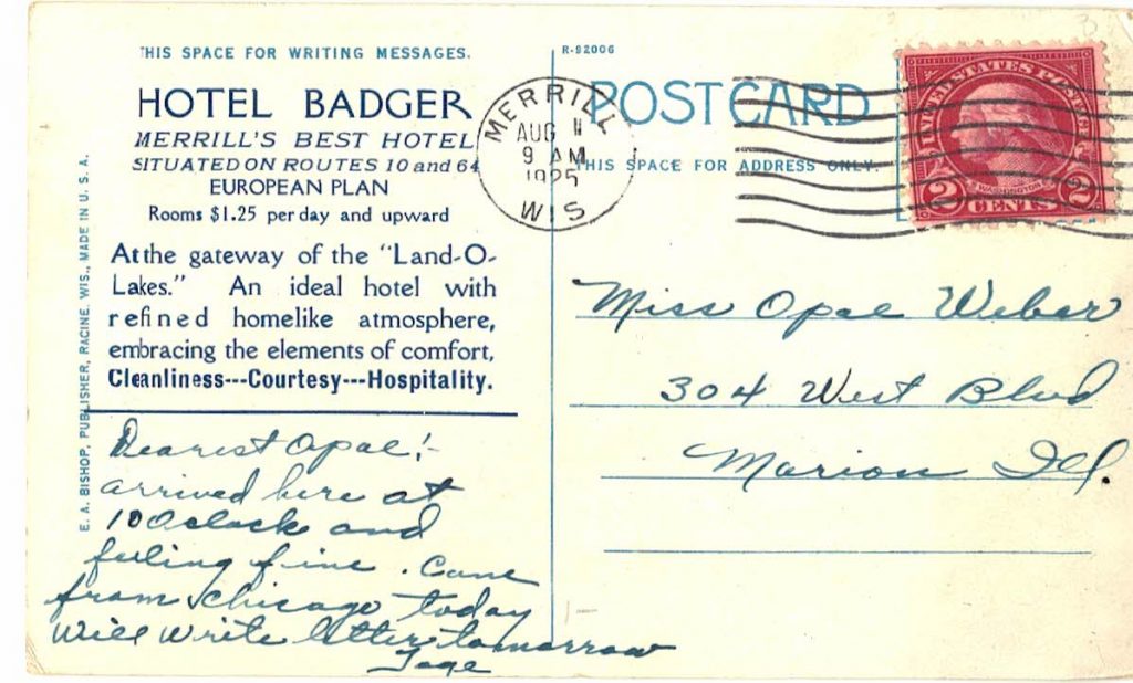 White border postcard. Badger Hotel, Merrill, Wisconsin. 1925. | Jackie ...