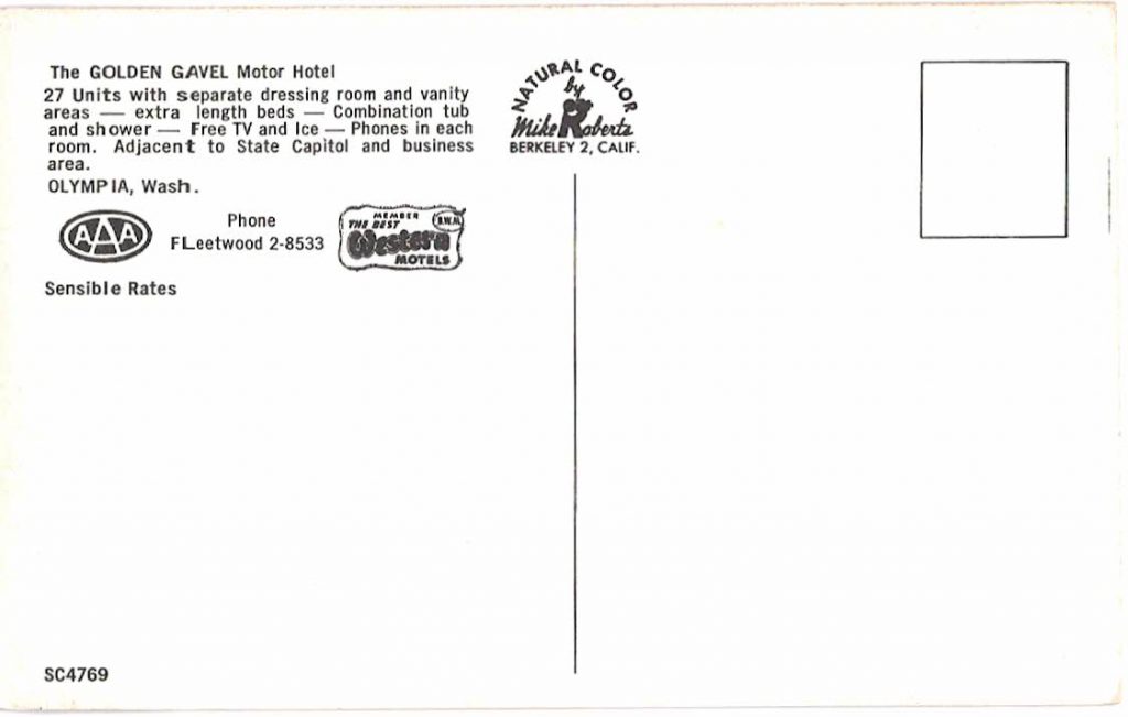Chrome postcard. Golden Gavel Motor Hotel, Olympia, Washington