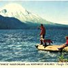 Chrome postcard. Pacific Northwest Vacationland.  Northwest Airlines, Pacific Coast Express. Mountain, lake, fishing, people, dog.