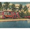 Linen postcard.  Low Tide along Indian Creek, Miami Beach, Florida. House, boat, palm trees 1941.