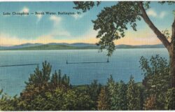 Linen postcard.  Lake Champlain, break water, Burlington, Vermont.  1947.