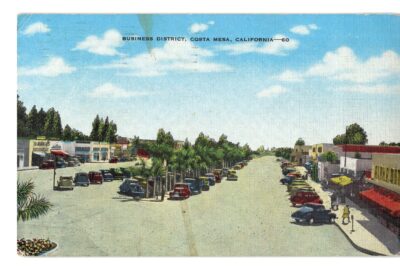 Linen postcard.  Business District, Costa Mesa, California.  1952.