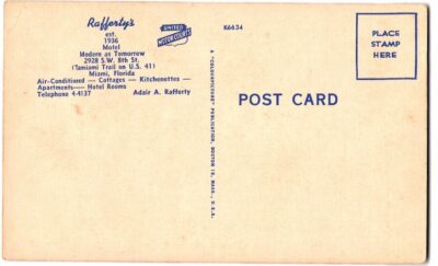 Linen postcard.  Rafferty's Motel, Tamiami Trail, Miami, Florida.  Adair A Rafferty. - Image 2