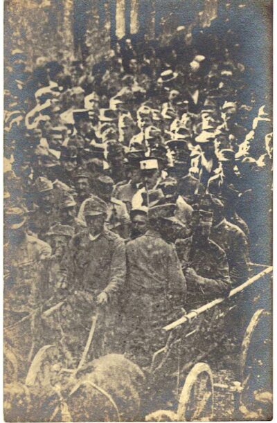 Real Photo postcard.  Muddy Soldiers, men, horse and wagon. RPPC.