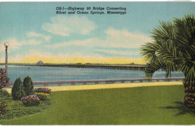 Linen postcard. Highway 90 Bridge connecting Biloxi and Ocean Springs, Mississippi.