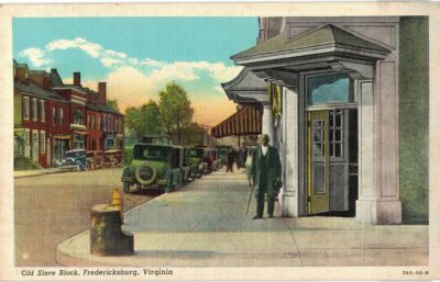 Linen postcard.  Old Slave Block, Fredericksburg, Virginia. Albert Crutchfield.