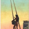 Linen postcard.  Call of the Clan. Indian athlete standing on Kiva, sounding his drum.  1943.