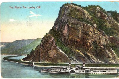 Old postcard.  The Rhine, The Loreley Cliff, Germany.  Rock, ship.  1909.