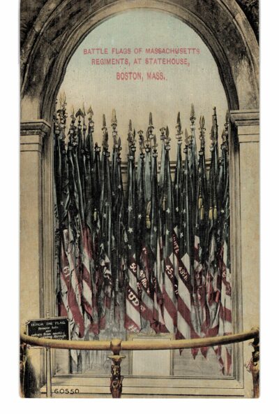 Old postcard.  Battle Flags of Massachusetts Regiments, Boston, MA.