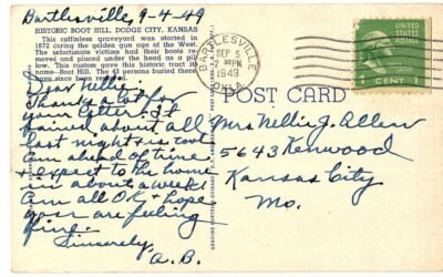 Linen postcard. Historic Boot Hill, City Building Grounds, Dodge City, Kansas. Horse Thief Pete Hung on this tree 1873.  1949. - Image 2